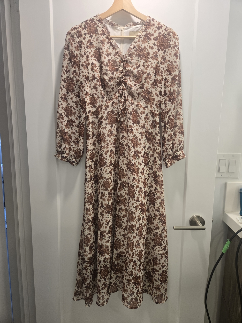 Floral V-Neck Midi Dress in Cream and Brown